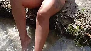Horny latina flashes tits and pussy in public river without fear
