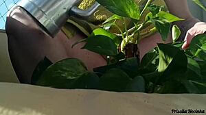 Why go naked watering plants on the balcony when anyone could spot your big natural tits?