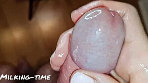 Specific pretty pink nails make him cum four times during british femdom handjob milking session with oiled mistress wife.