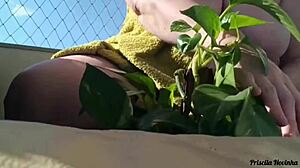 Why go naked watering plants on the balcony when anyone could spot your big natural tits?