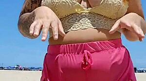 Almost Naked Flashing Big Pussy At Beach Lover