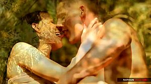 Hot brunette enjoys a casual outdoor adventure in the forest with european friends
