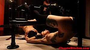 Tied up lesbian bondage babes get punished in garage