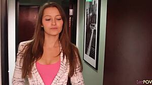 Two lesbian brunettes lick pussy in the office kitchen.