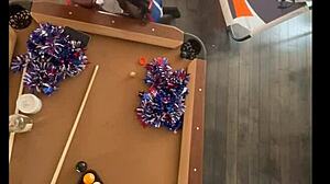 Cheerleader sucks and fucks at pool hall