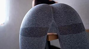 Rubbing the table intensely, cumming passionately in gray yoga pants