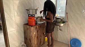 Amateur squirts pussy in kitchen with big black cock