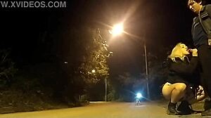 Blowjob on the street with police turns intense. Blonde gives bareback handjob and cum in mouth outdoors.