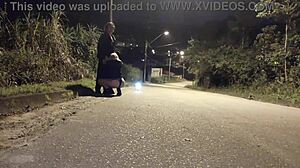 Blowjob on the street with police turns intense. Blonde gives bareback handjob and cum in mouth outdoors.