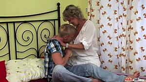 Mature beauty spreads wide for her boyfriend with blonde pussy and blowjob