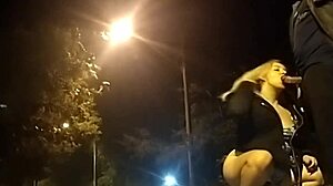 Blowjob on the street with police turns intense. Blonde gives bareback handjob and cum in mouth outdoors.
