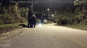 Blowjob on the street with police turns intense. Blonde gives bareback handjob and cum in mouth outdoors.