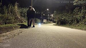 Blowjob on the street with police turns intense. Blonde gives bareback handjob and cum in mouth outdoors.
