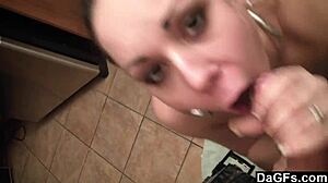 In this dagfs story, she sucks his dick on the sofa while his wife is away, licking balls and swallowing cum.