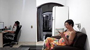 Mistress Humiliating Cheating Wife with Blowjob While Cuckold Works