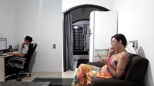 Mistress Humiliating Cheating Wife with Blowjob While Cuckold Works