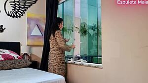 Hot Brazilian brunette calls her cuckold husband in role play fetish