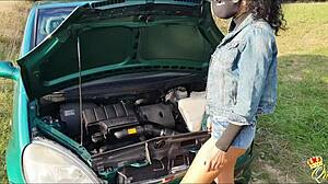 I feel so excited riding big cock in broken car for real public sex with Maria Kalos