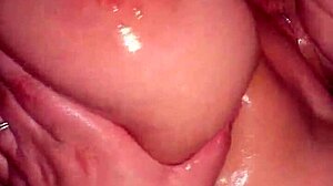 watch me cum on her big tits in shower blowjob