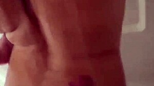 watch me cum on her big tits in shower blowjob