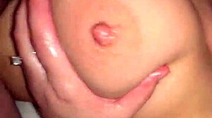 watch me cum on her big tits in shower blowjob