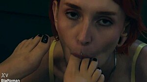 Redhead bitch dominates with choking deepthroat and feet fetish control.