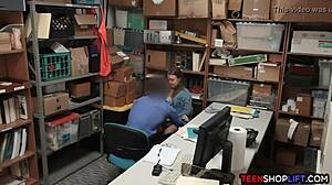 Teen shoplifter works security guard with mouth and pussy