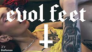 Redhead bitch dominates with choking deepthroat and feet fetish control.