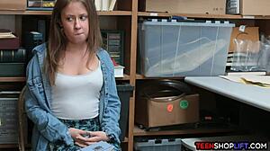 Teen shoplifter works security guard with mouth and pussy