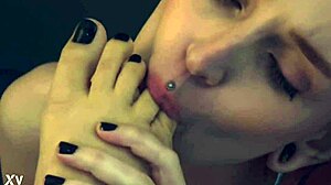 Redhead bitch dominates with choking deepthroat and feet fetish control.