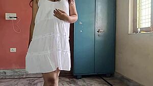 Bold bbw in dress commands neighbor to lick her submissive asshole