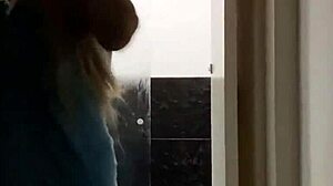 Spying on blonde in shower - what happens when she catches me watching?