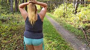 Walking outside, blonde gets her tight pussy fucked hard in the middle of the road for quick orgasm!