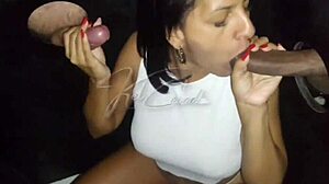 Latina housewife plays with two monster cocks at gloryhole