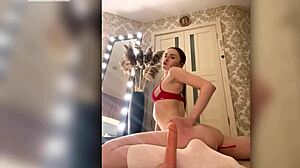 Redhead with blue eyes sucks huge cock passionately