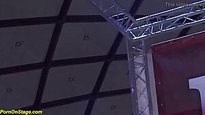 Skinny babe gets banged deepthroat on public stage by monster cock group