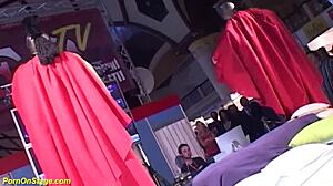 Skinny babe gets banged deepthroat on public stage by monster cock group