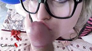 Blonde Receives Birthday Dick with Bow, Swallows Cum from Monster Cock