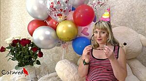 Blonde Receives Birthday Dick with Bow, Swallows Cum from Monster Cock