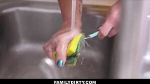 tiny teen stepdaughter riding stepdads big dick caught by milf stepmom in dining room