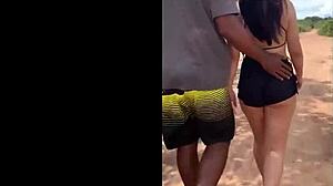 Curvy wife masturbates outdoors on dirt road