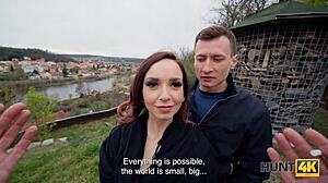 Watch this pregnant brunette babe in stockings get face fucked by a stranger while her old cuckold husband stares