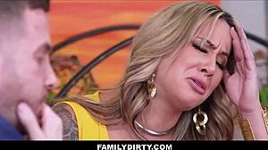 tiny teen stepdaughter riding stepdads big dick caught by milf stepmom in dining room