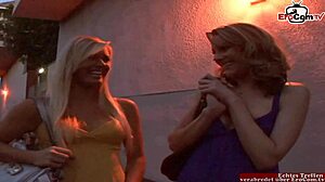 Blonde lesbians explore with strapon and pussy licking