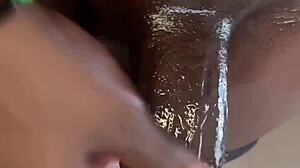 BBC boldly penetrates white pussy with huge toy in sneaky bathroom session