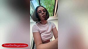 Cute Skinny Brunette Petite 18+ Stylist Goes Topless During Haircut, Turns into Wild POV Dildo Riding Session with Pornstar