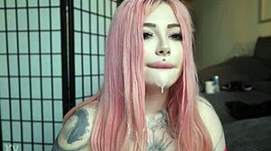 busty slut sucking big tits and getting cum on face