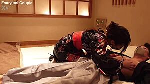 my lewd kimono girlfriend cums hard in cowgirl with shaved pussy