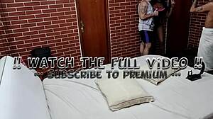 Curvy mulata screams during interracial facial with two guys.