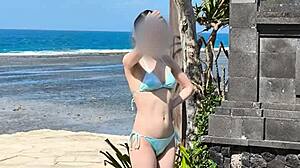 Japanese girl in blue bikini